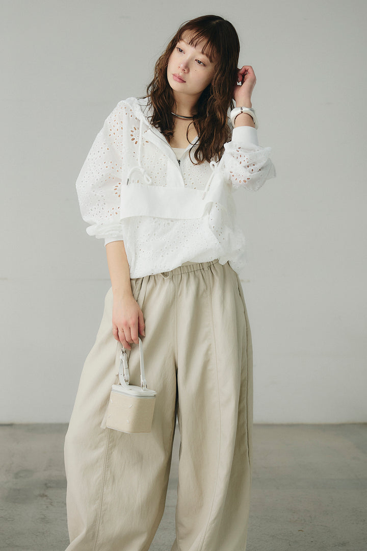 [SET]レースハーフジップアップフーディー+フェイクレザーカーブワイドパンツ(2set)