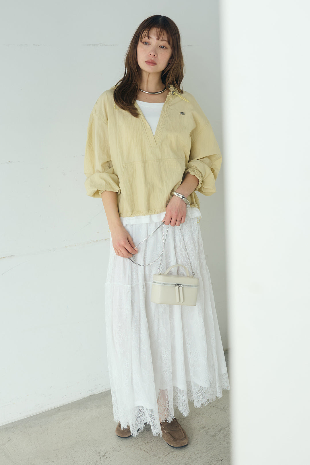 [SET]レイヤードデザインフーディートップス+ひげレース切替ロング丈スカート(2set)