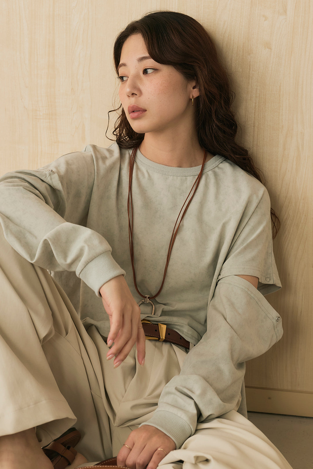 [SET]セパレートフェードTシャツ+ニーサイドタックウエストドロストパンツ(2set)