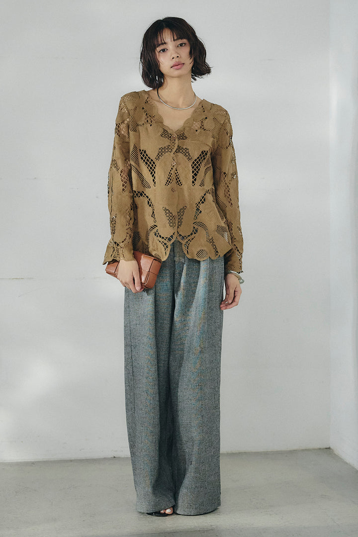 [SET]フラワー刺繍レースブラウス+サイドボタンツイードタックパンツ(2set)