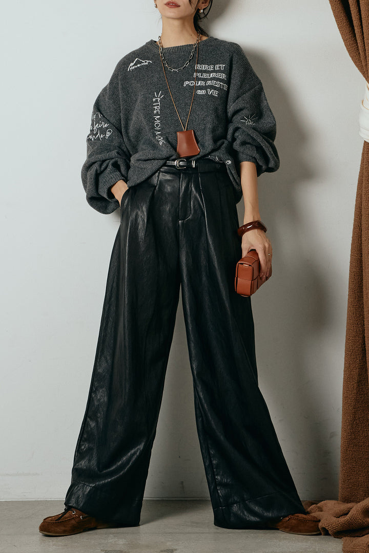 [SET]刺繍ロゴランダムデザインニットトップス+ベルト付きレザーライクタックパンツ(2set)