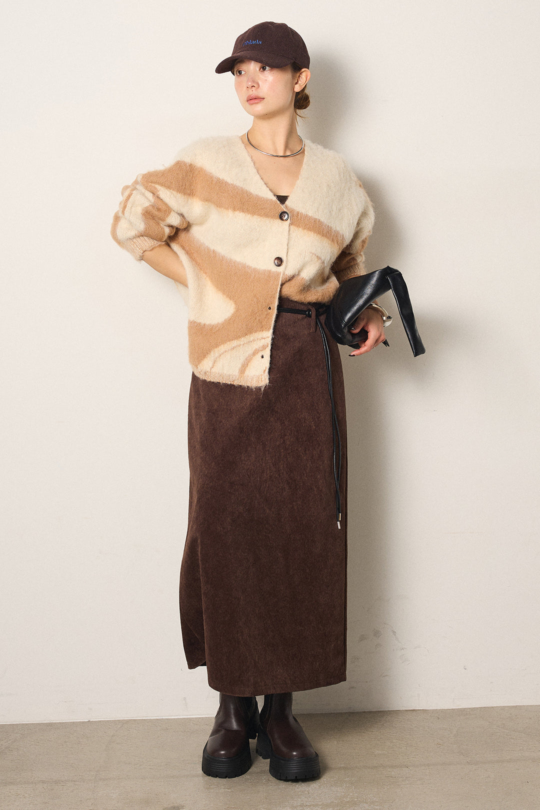 [SET]アクセントブラッシュドカーディガン+ロープベルト付きスウェード調スカート(2set)