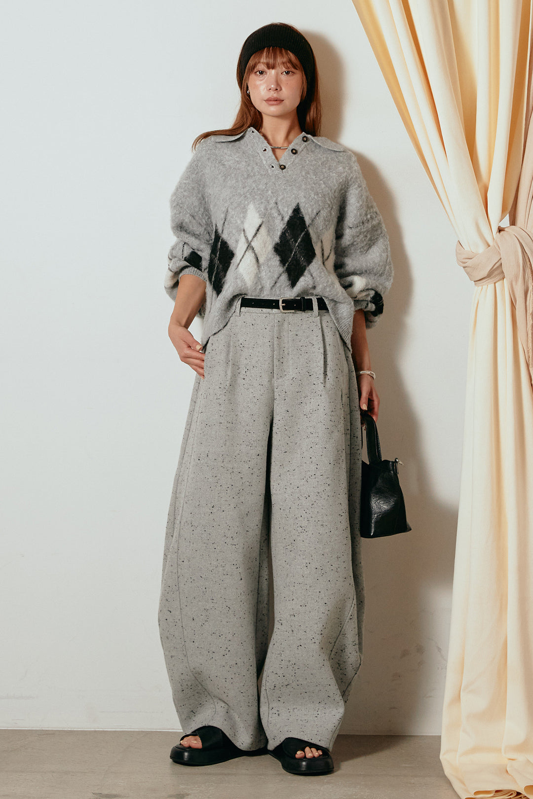 [SET]アーガイル柄ポロニットトップス+ベルト付きネップツイードカーブパンツ(2set)
