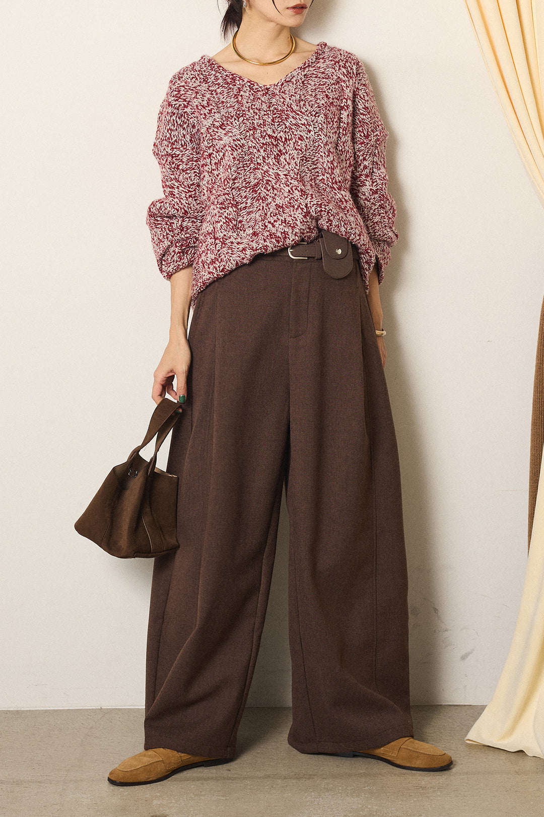 [SET]Vネックミックス編みニットトップス+ポーチベルト付きカーブパンツ(2set)