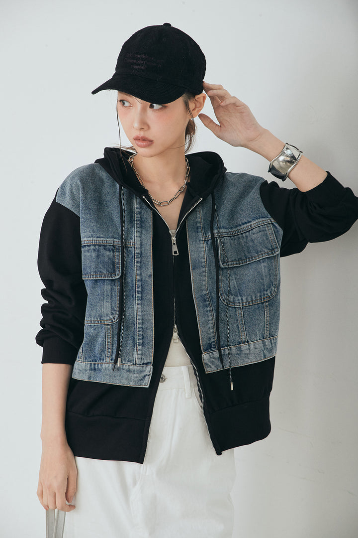 [SET]デニム切替ポンチダブルジップパーカー+裾レースデザインデニムスカート(2set)