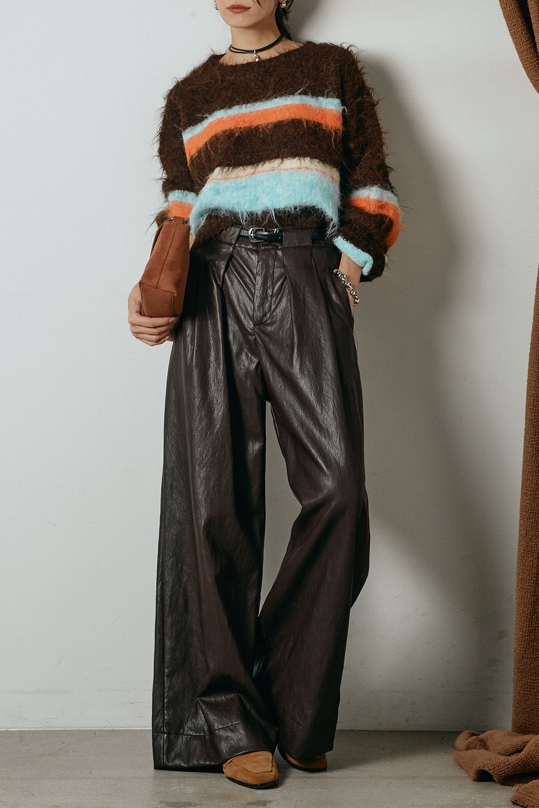 [SET]起毛配色マルチボーダーニットトップス+ベルト付きレザーライクタックパンツ(2set)