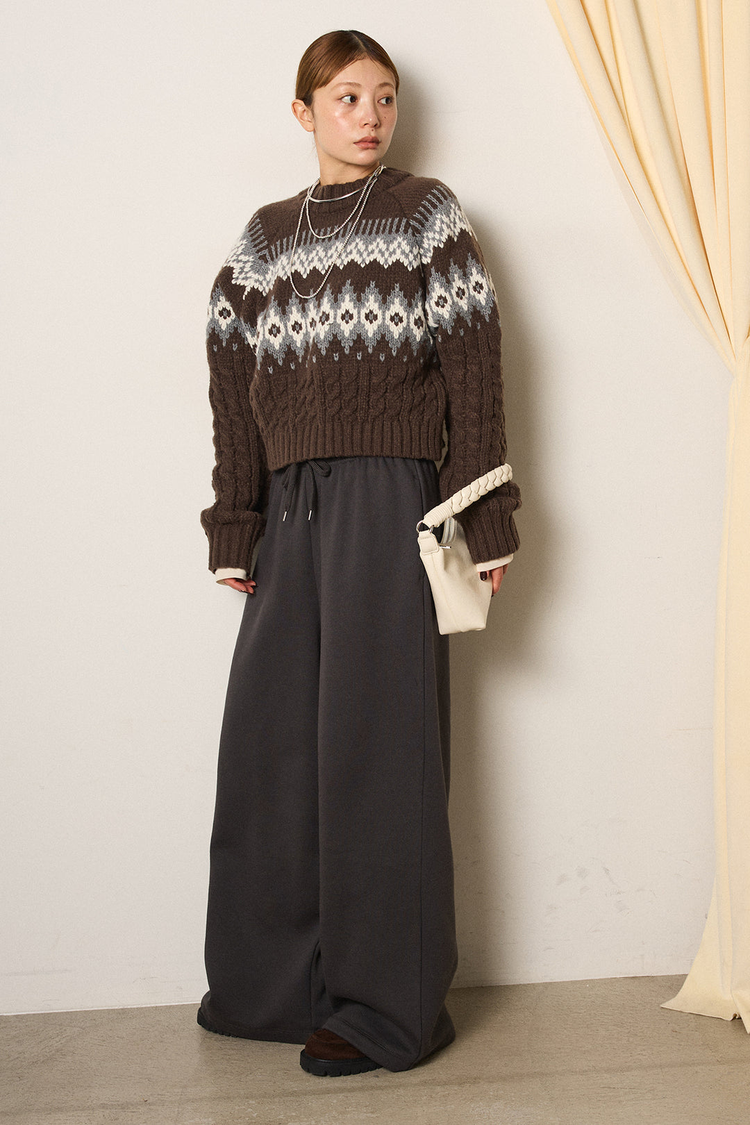 [SET]2WAY求心柄ジャガードショートカーディガン+裏起毛スウェットワイドパンツ+2WAY袖コード刺繍クルーネックプルオーバー(3set)