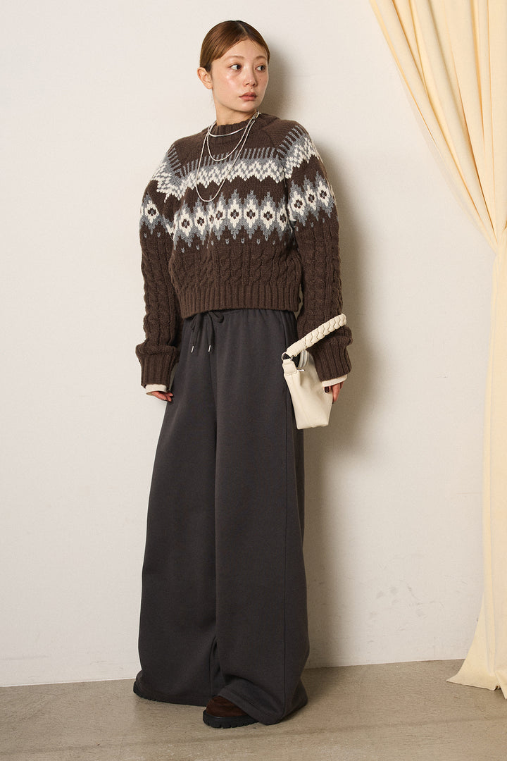 [SET]2WAY求心柄ジャガードショートカーディガン+裏起毛スウェットワイドパンツ+2WAY袖コード刺繍クルーネックプルオーバー(3set)