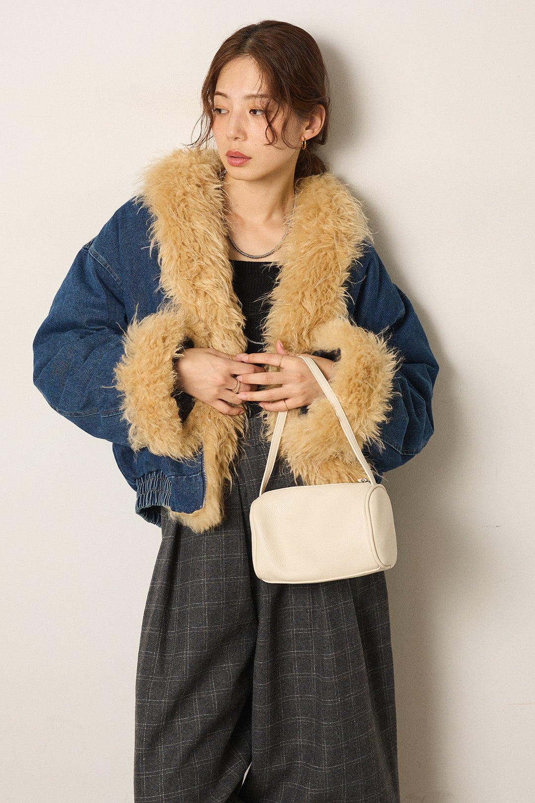 [SET]エコファーデニムボアジャケット+ウールライクチェックタックパンツ(2set)