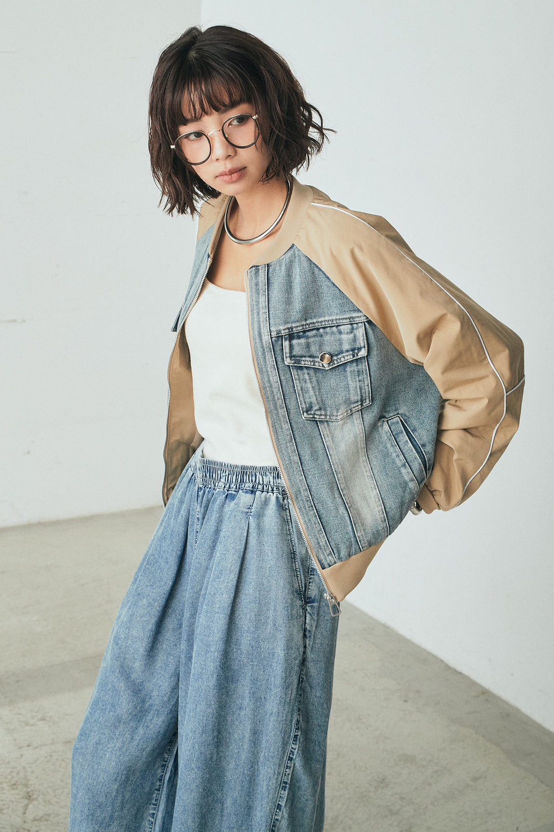 [SET]ナイロンデニムドッキングブルゾン+テンセルデニムイージーワイドパンツ(2set)