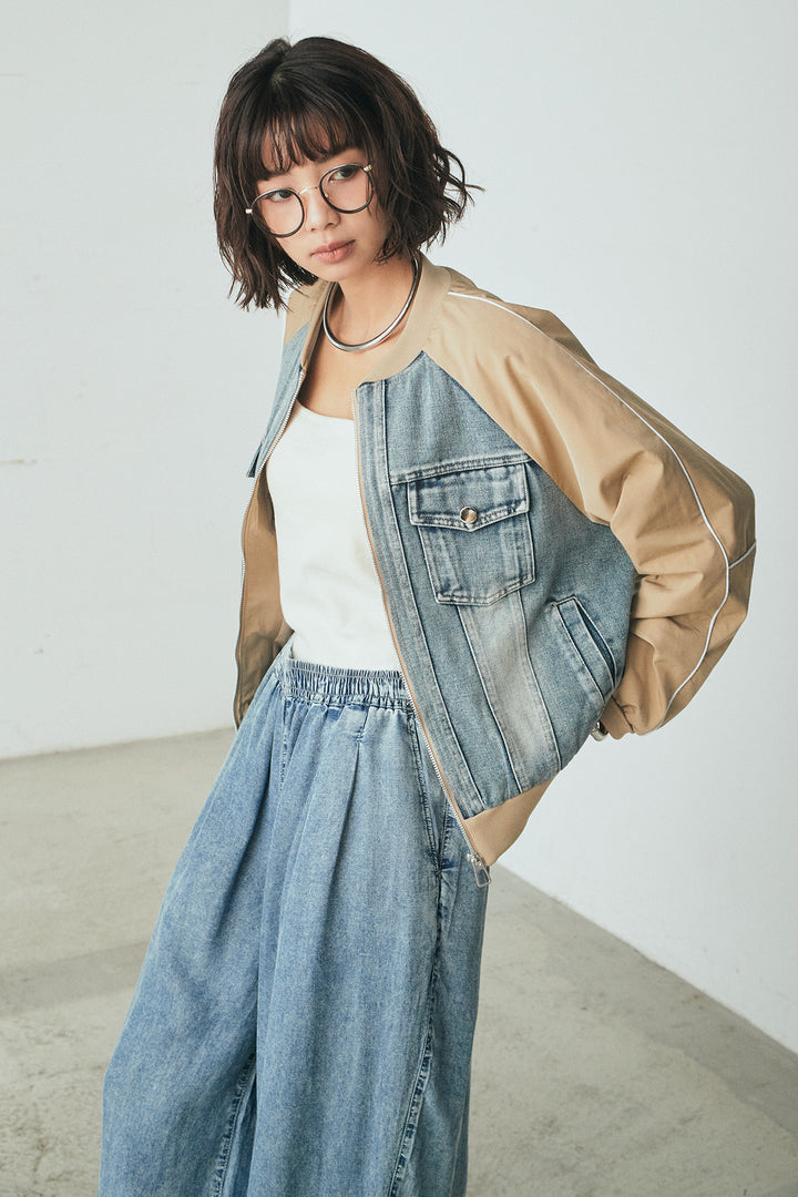 [SET]ナイロンデニムドッキングブルゾン+テンセルデニムイージーワイドパンツ(2set)