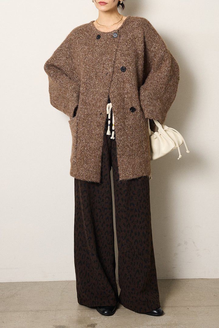 [SET]アシンメトリーボタンニットカーディガン+レオパードジャガードニットパンツ(2set)