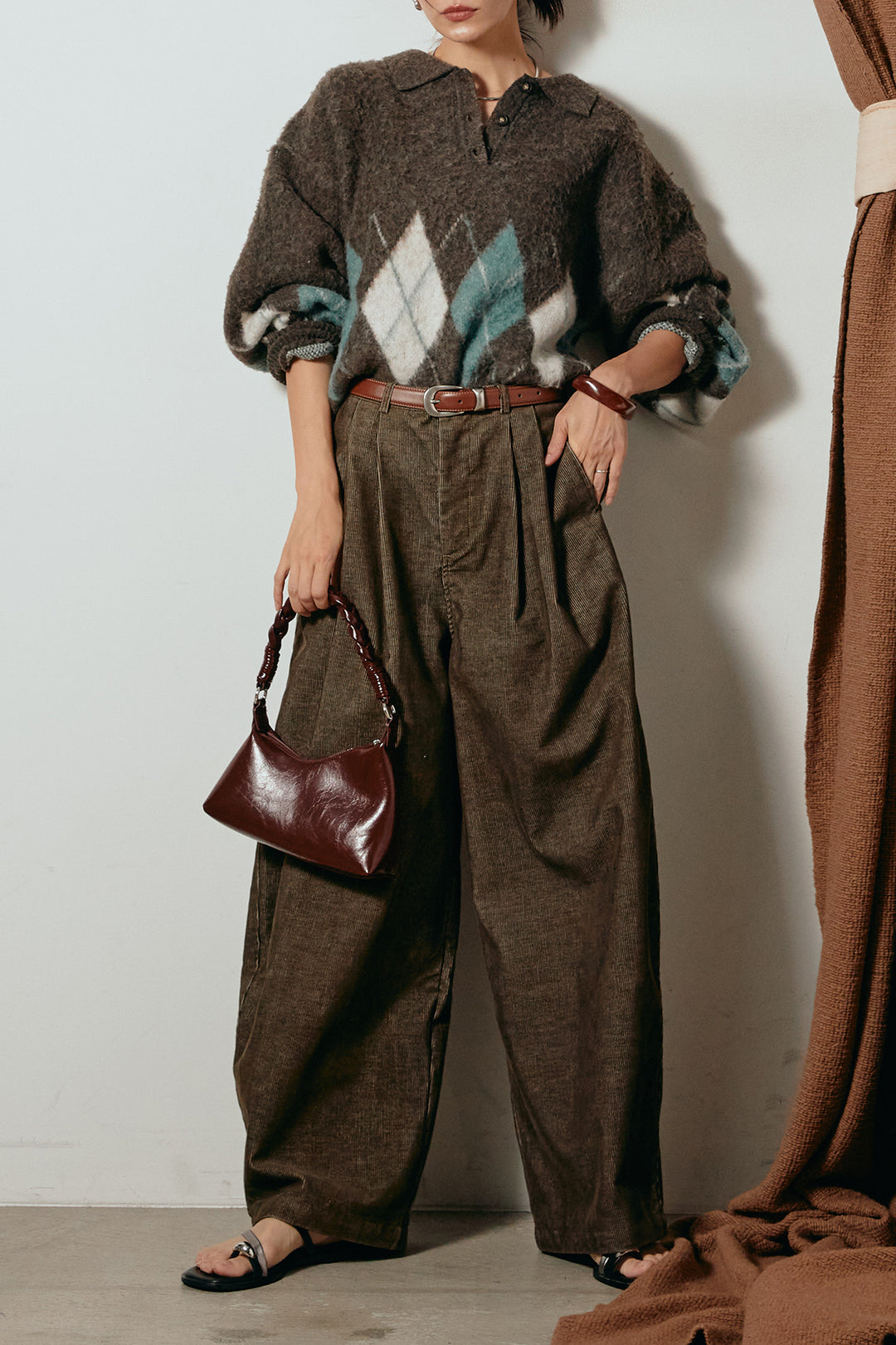 [SET]アーガイル柄ポロニットトップス+フロントタック入りコーデュロイパンツ(2set)