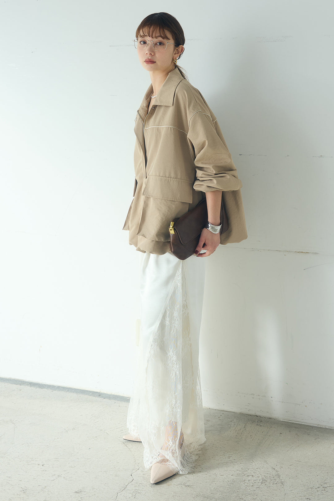 [SET]合繊ツイルバルーンジャケット+サテンレース切り替えタックパンツ(2set)
