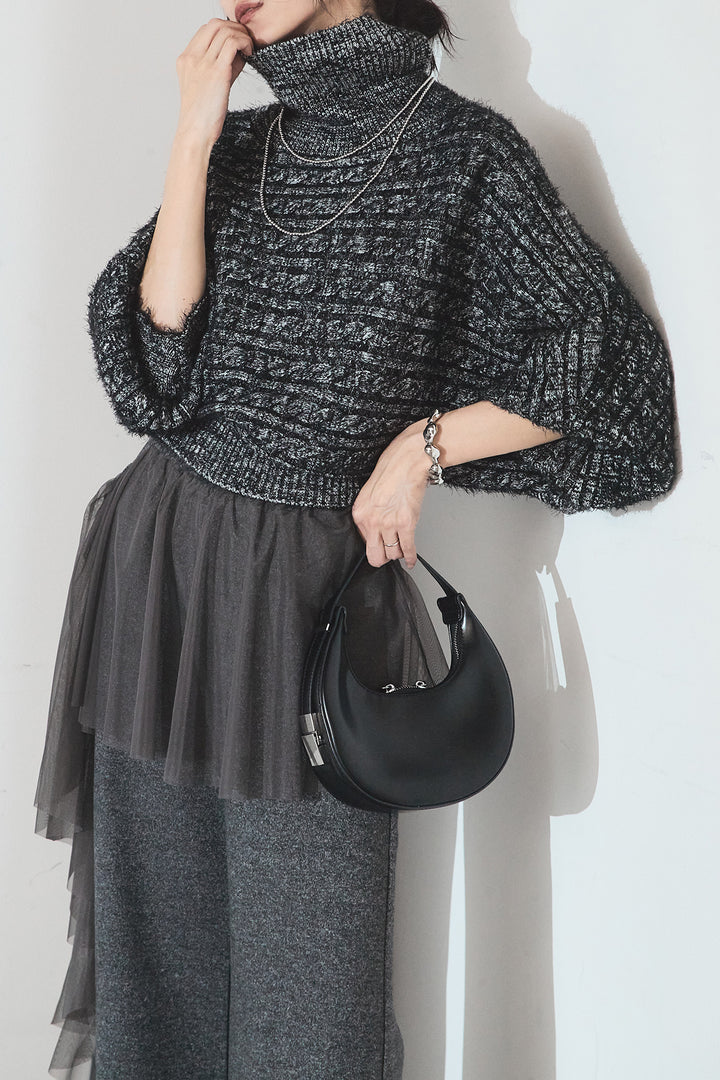 [SET]ミックス編みドルマンニットトップス+チュールレイヤードニットパンツ(2set)