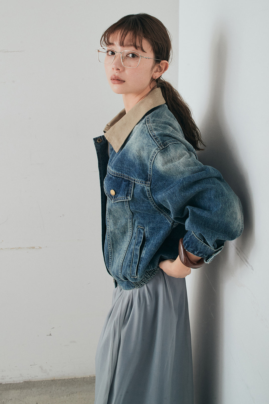 [SET]襟切り替えジップデニムジャケット+リラックスシアーフレアスカート(2set)