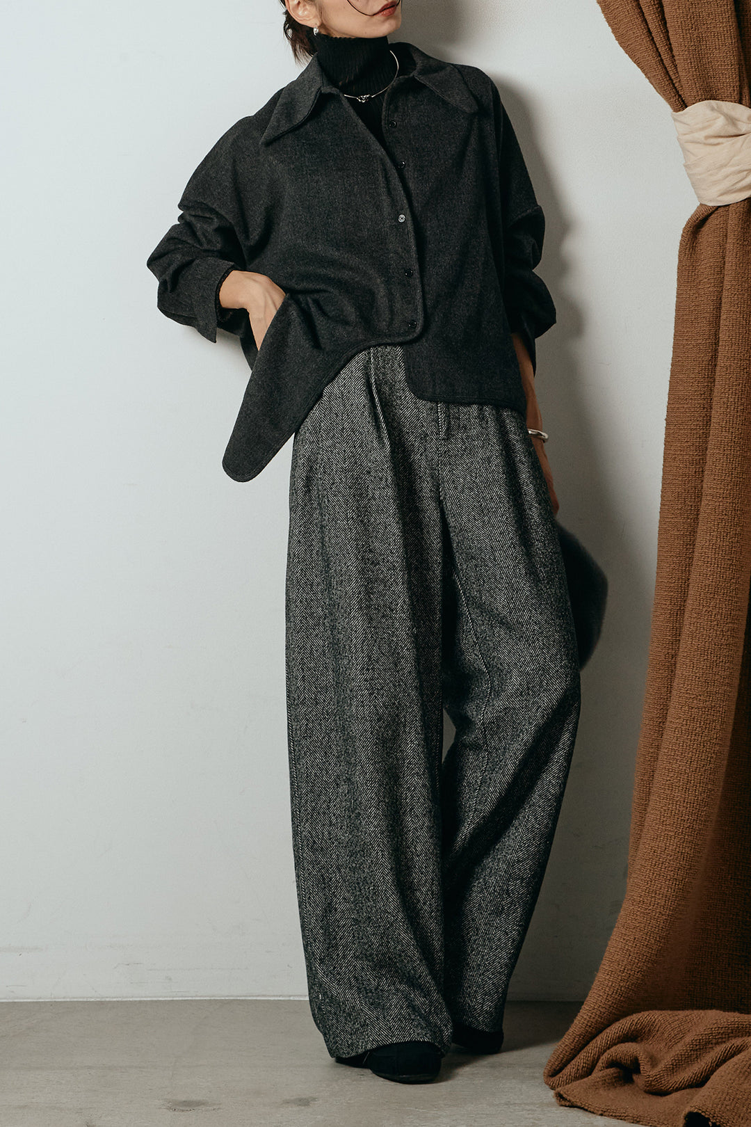 [SET]裾アシンメトリーデザインシャツ+タックツイードワイドパンツ(2set)