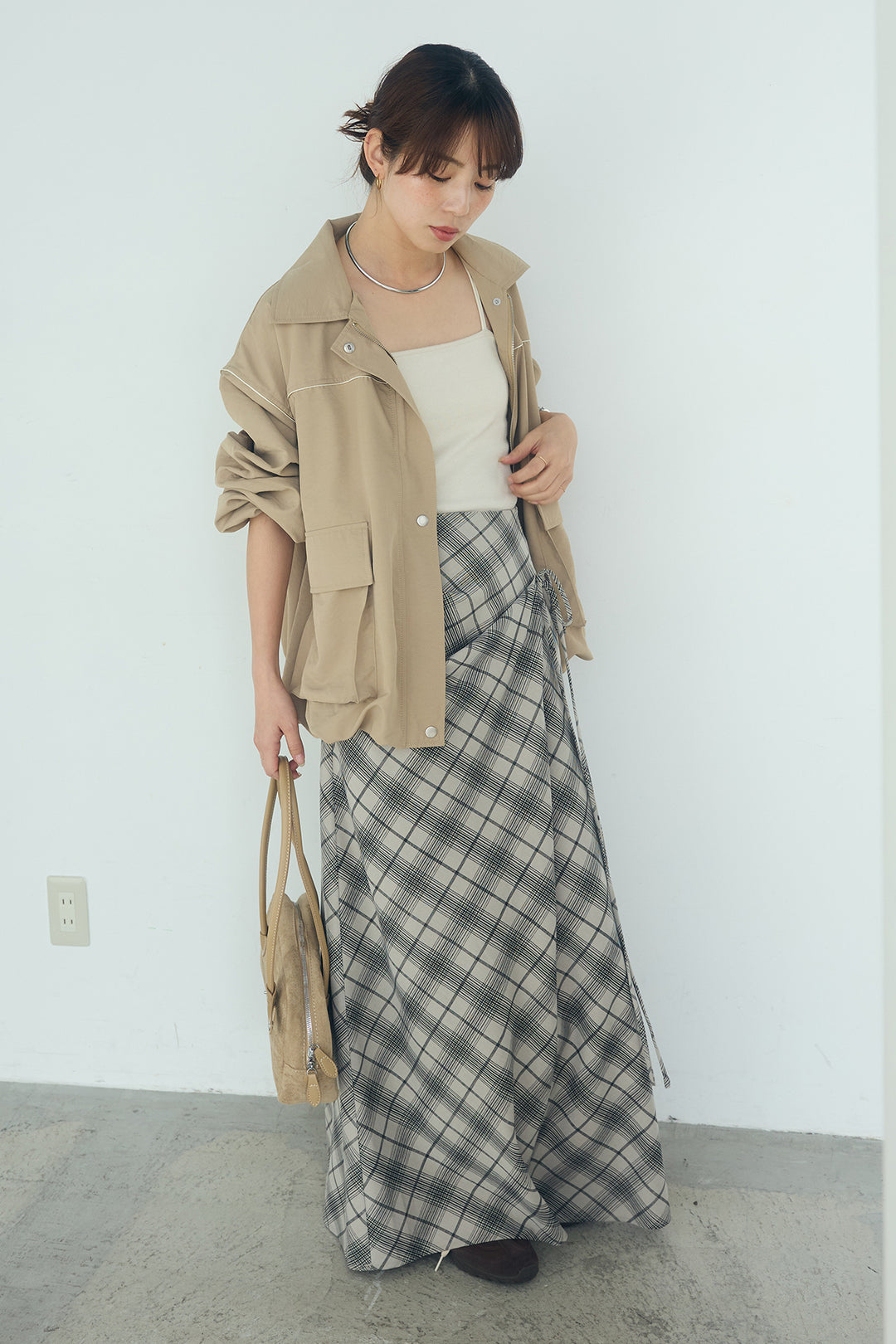 [SET]合繊ツイルバルーンジャケット+タータンチェック柄フロントデザインスカート(2set)