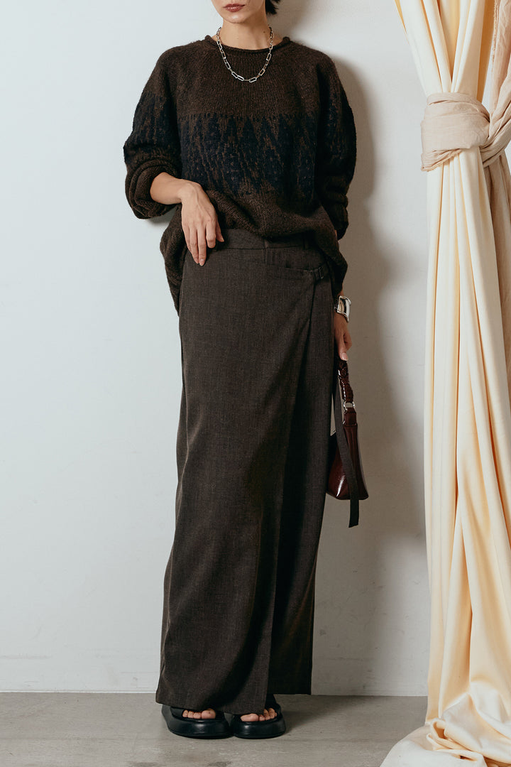 [SET]モノトーン柄ニットトップス+ラップ巻きワイドスラックス(2set)