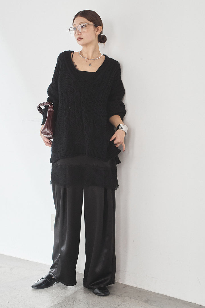 [SET]ケーブルVニットセーター+サテンタックワイドパンツ(2set)