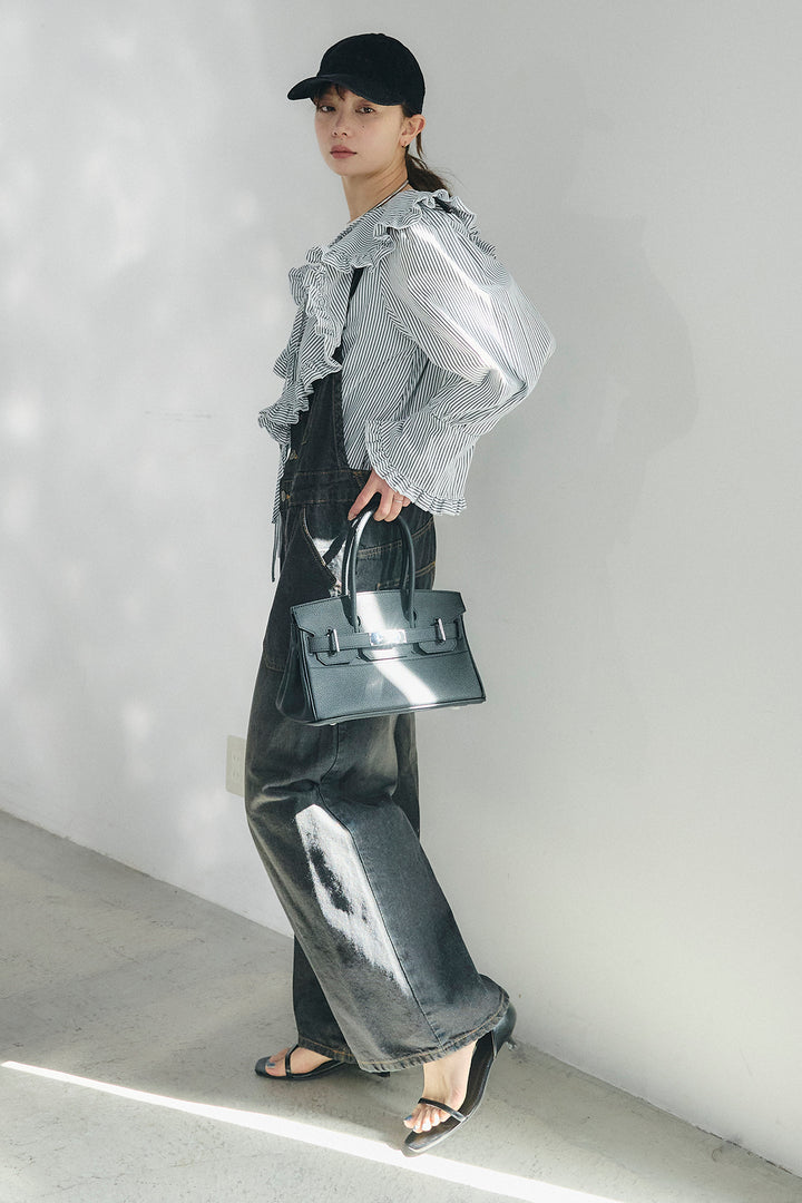 [SET]コットンフリルブラウス+デニムサロペットワイドパンツ(2set)