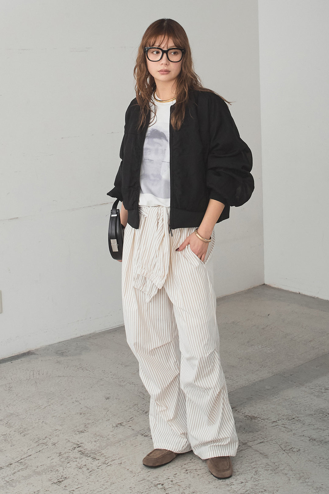 [SET]シアー×ポンチブルゾン+ストライプウエスト巻きジョガーパンツ(2set)