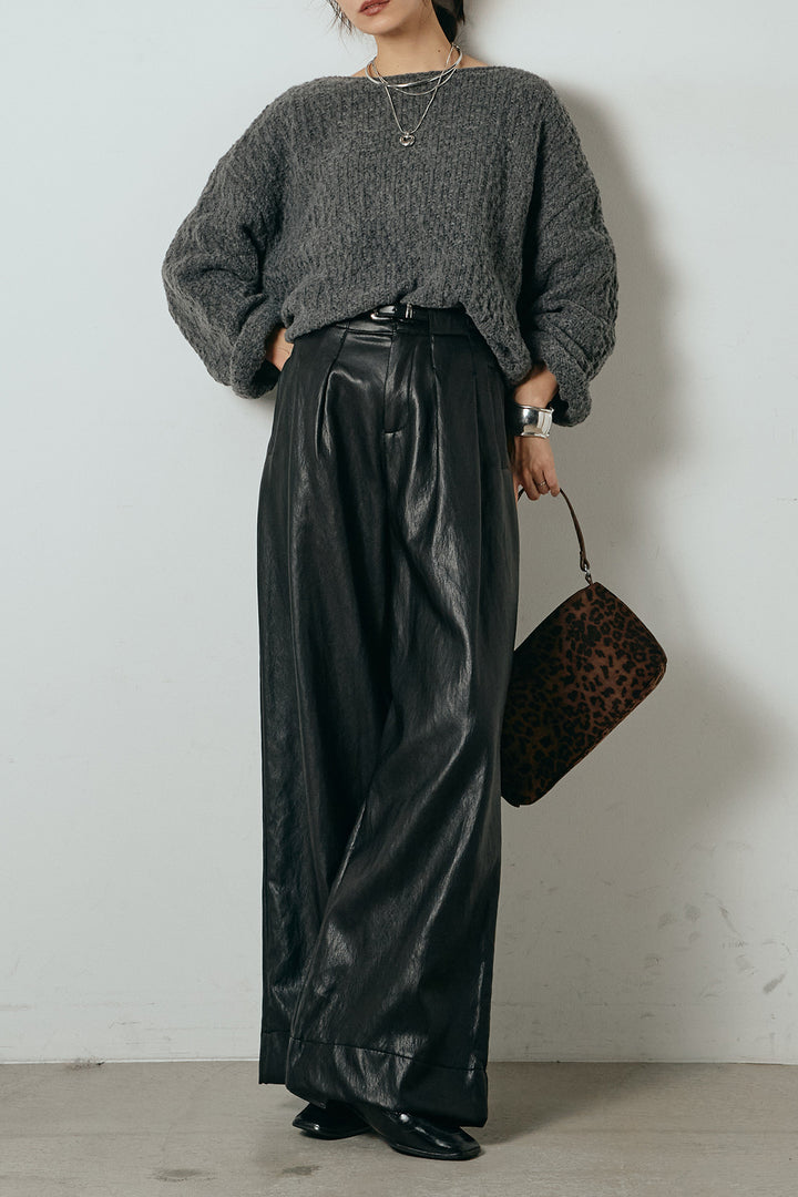 [SET]ボリューム編みニットプルオーバー+ベルト付きレザーライクタックパンツ(2set)