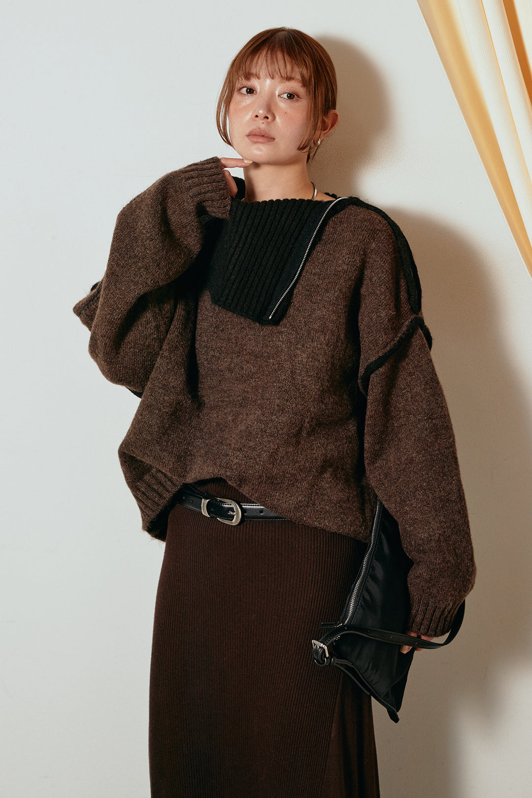 [SET]ハイネックジップデザインニットトップス+サイド切り替えリブニットロングスカート(2set)