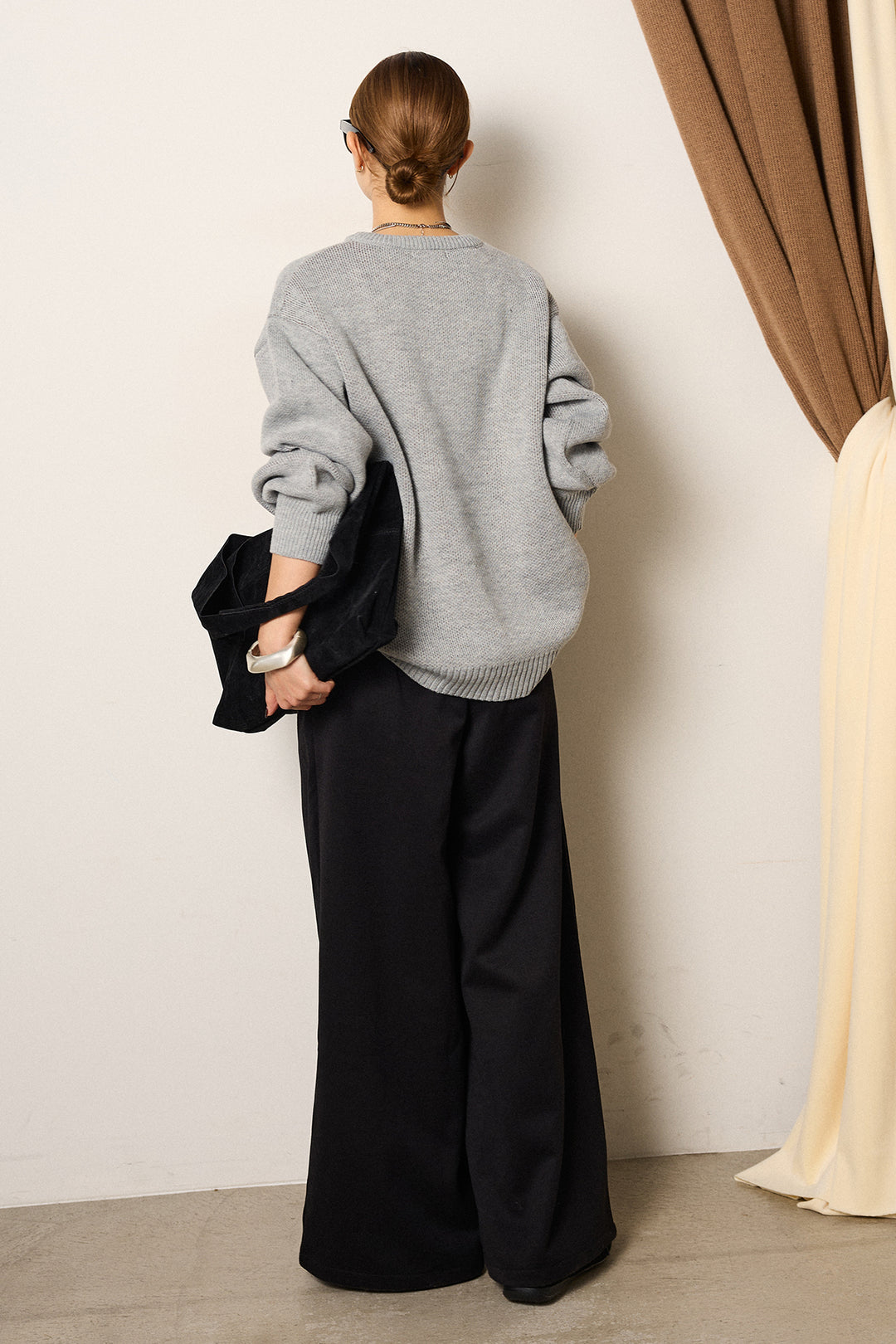 [SET]アニマルジャガード柄ニットトップス+巻ベルトウエストレザーライクワイドパンツ(2set)