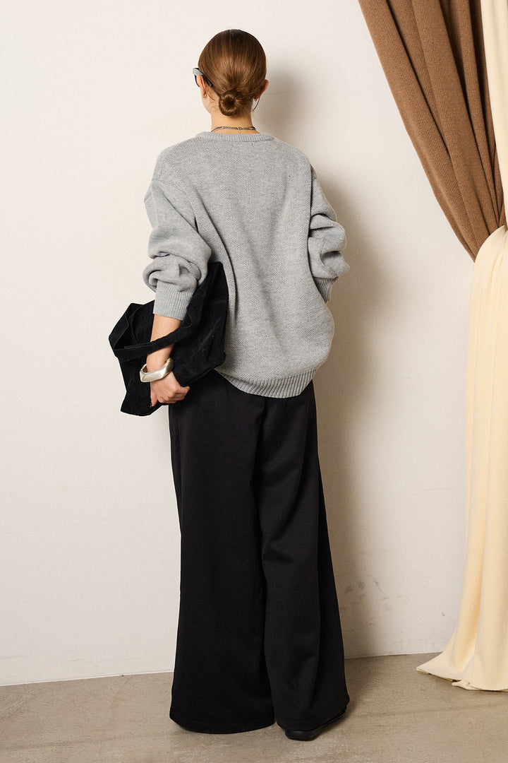 [SET]アニマルジャガード柄ニットトップス+巻ベルトウエストレザーライクワイドパンツ(2set)