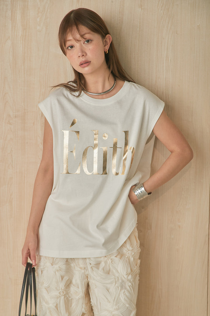 [SET]箔ロゴプリントノースリーブTシャツ+立体レースストレートパンツ(2set)