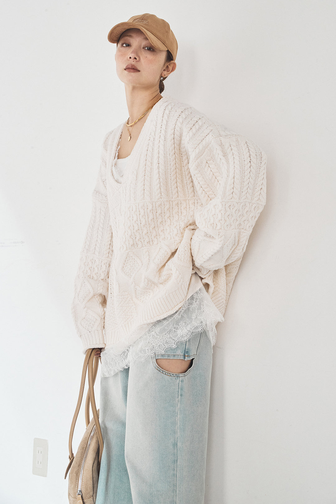 [SET]ケーブルVニットセーター+デニムサイドカットパンツ(2set)