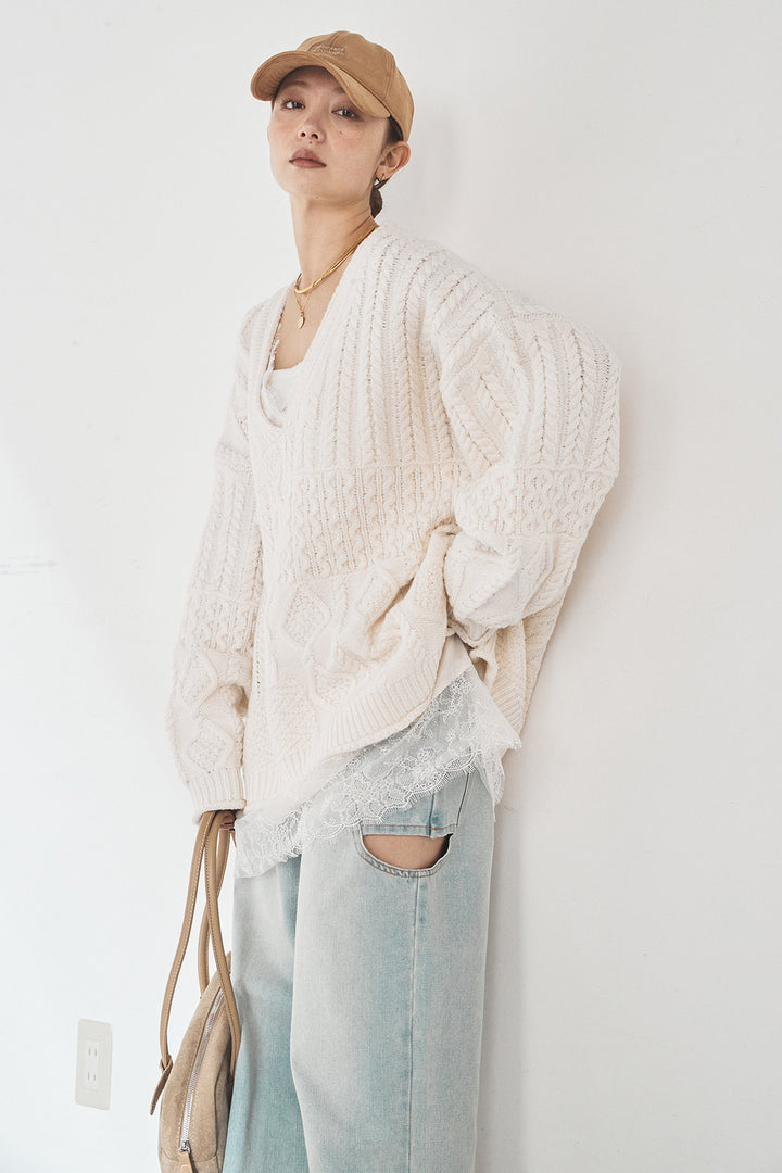 [SET]ケーブルVニットセーター+デニムサイドカットパンツ(2set)