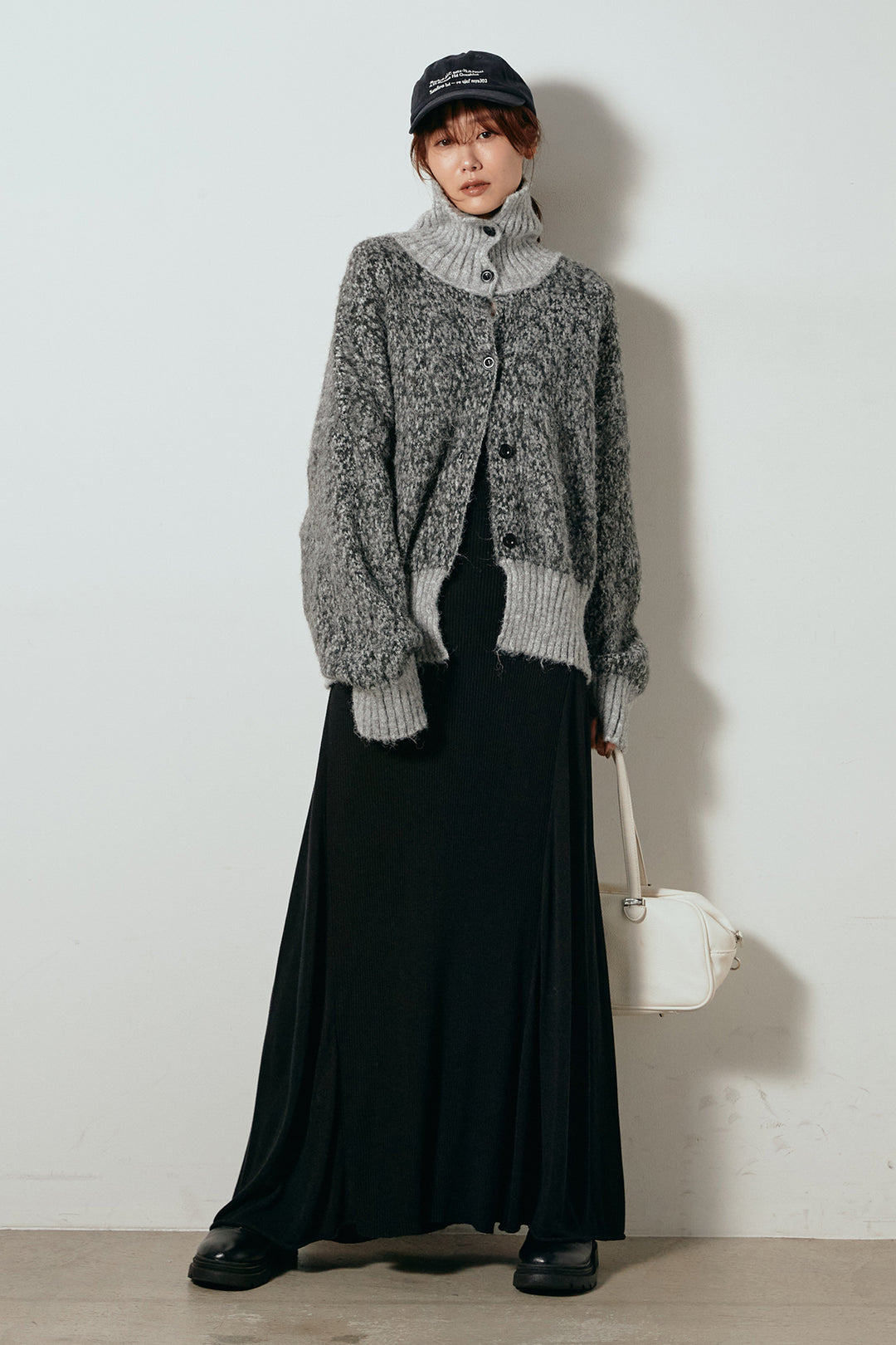 [SET]ハイネックミックスニットトップス+サイド切り替えリブニットロングスカート(2set)