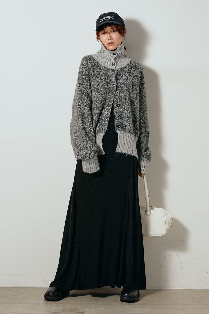 [SET]ハイネックミックスニットトップス+サイド切り替えリブニットロングスカート(2set)