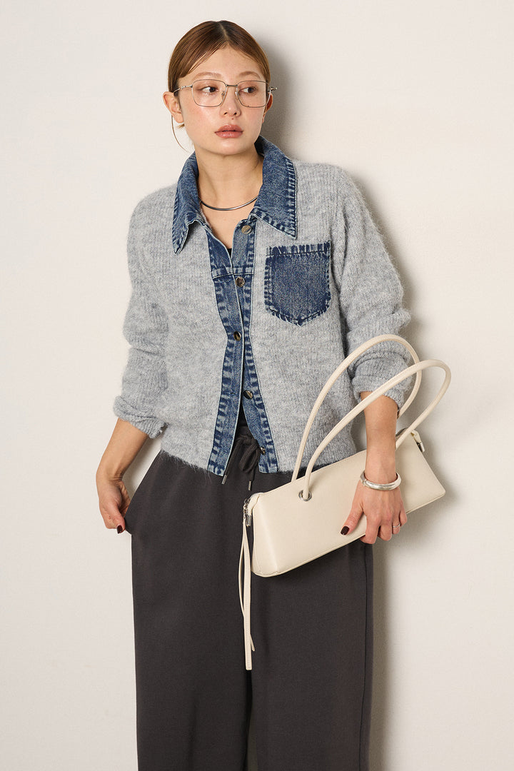 [SET]襟付きデニム切替ニットカーディガン+裏起毛スウェットワイドパンツ(2set)