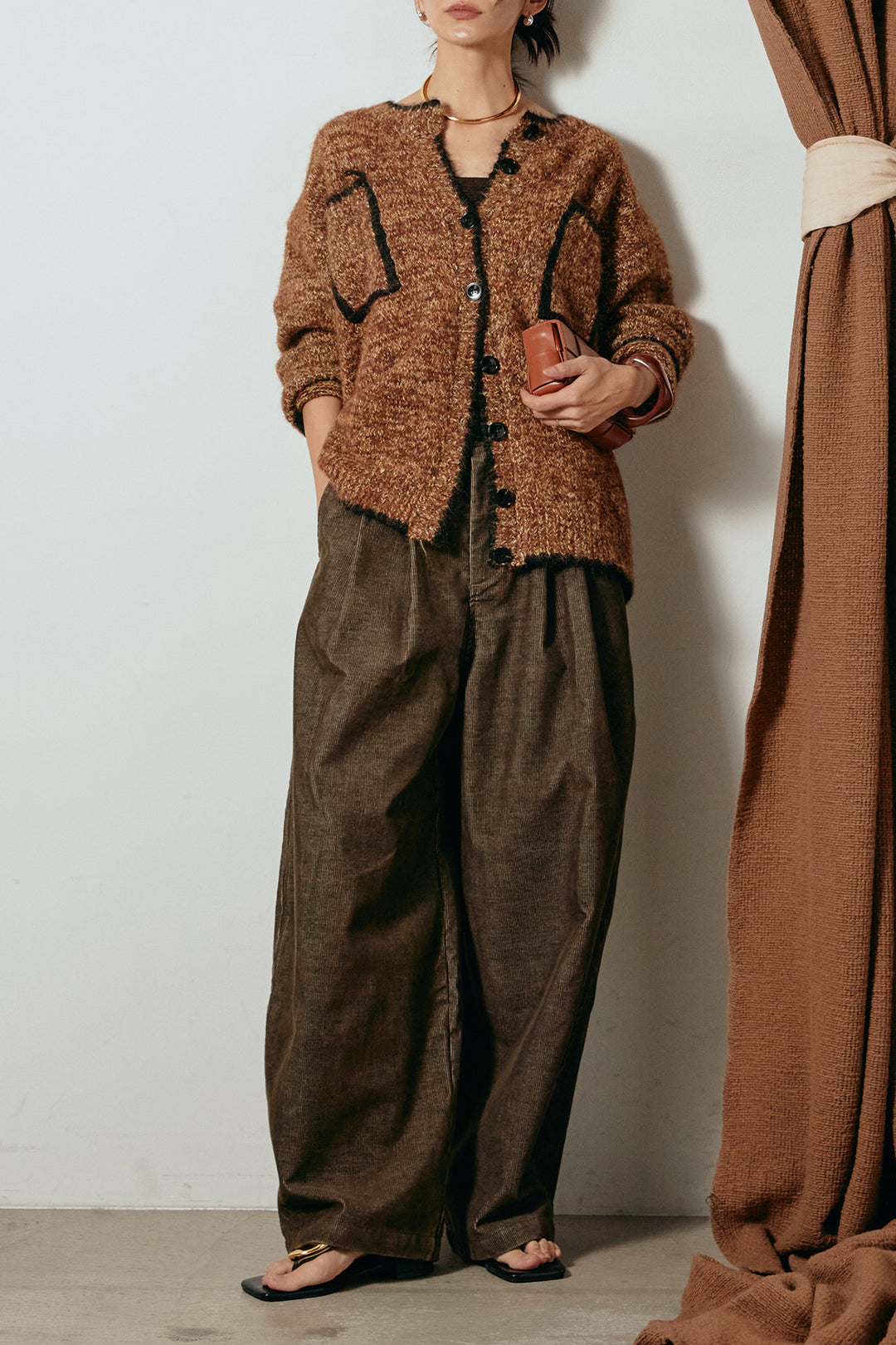 [SET]ミックスニットポケットカーディガン+フロントタック入りコーデュロイパンツ(2set)