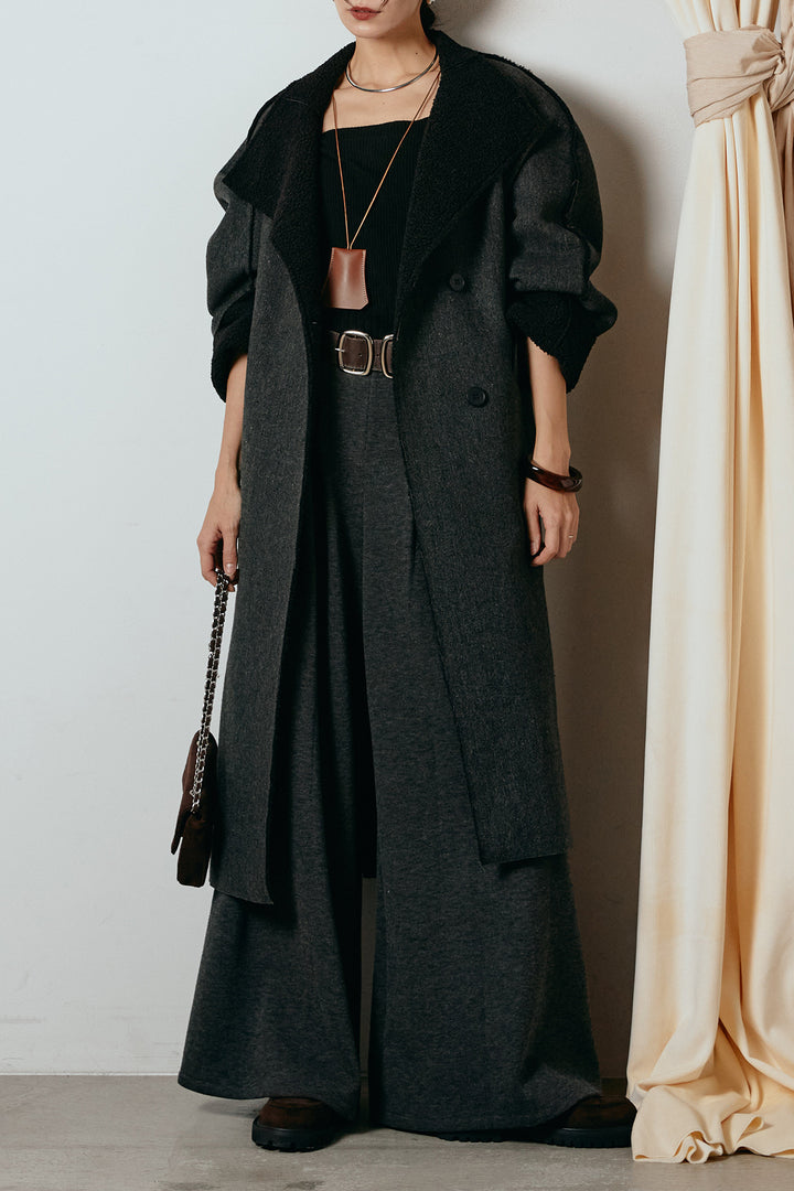 [SET]裏地ボアハイネックロングアウター+フェイクレザー太ベルト付きタックワイドパンツ(2set)