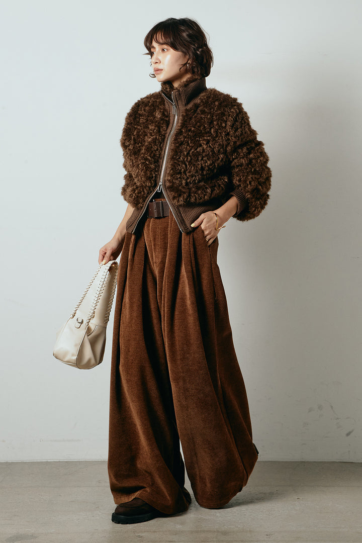 [SET]ハイネックショート丈ボアジップブルゾン+ベルトループコーデュロイワイドパンツ(2set)