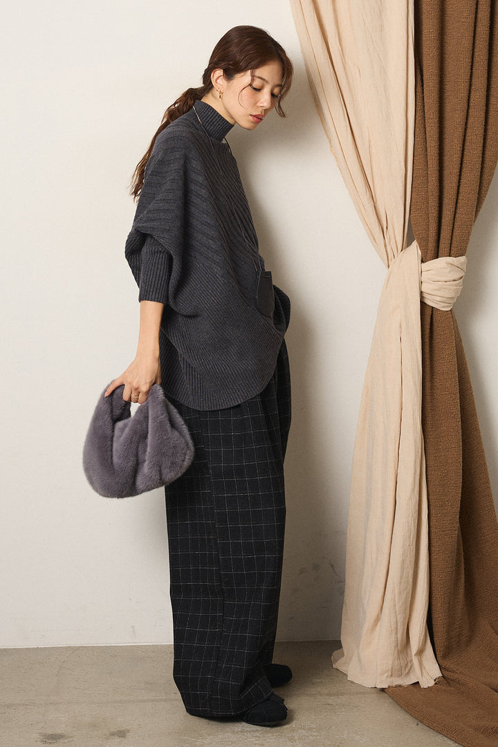 [SET]アシメデザインリブポンチョニットトップス+ウールライクチェックタックパンツ(2set)