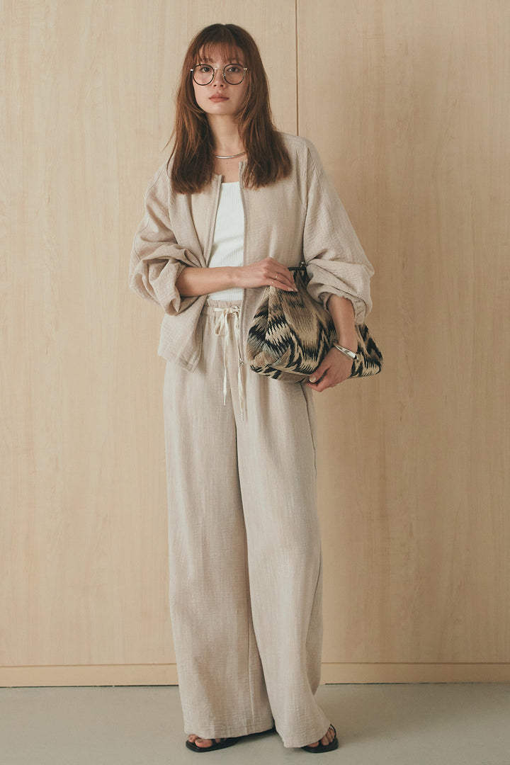 [SET]麻混ノーカラーブルゾン+麻混ウエストドロストパンツ(2set)