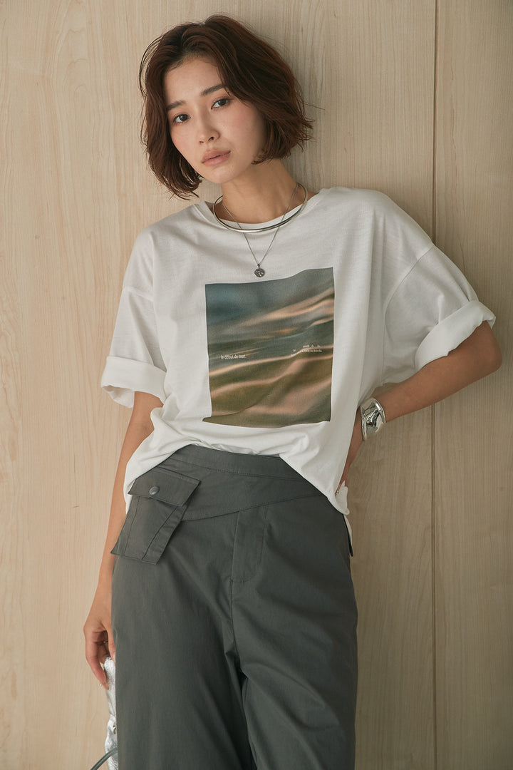 [SET]MarbleプリントTシャツ+ポケットベルト付きニーサイドタックパンツ(2set)