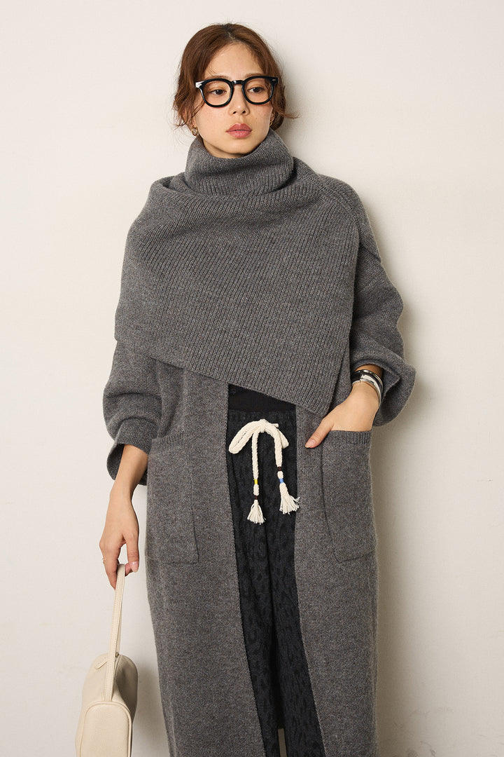 [SET]ケープレイヤードロングカーディガン+レオパードジャガードニットパンツ(2set)