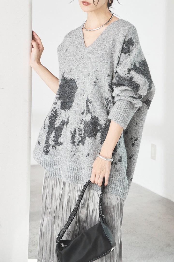 [SET]アブストラクト柄ニットプルオーバー+ベロアロングプリーツスカート(2set)