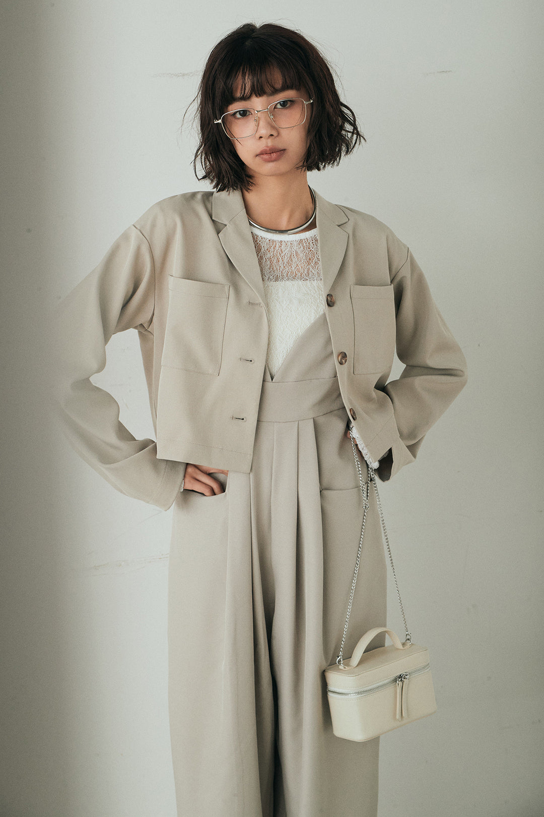 [SET]バックジップデザインショートツイルジャケット+キャミロングオールインワン(2set)