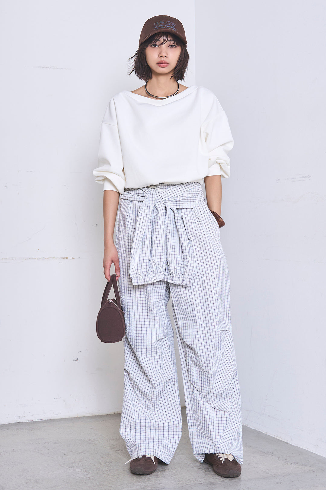 [SET]ワンショルスウェットプルオーバー+チェックウエスト巻きジョガーパンツ(2set)