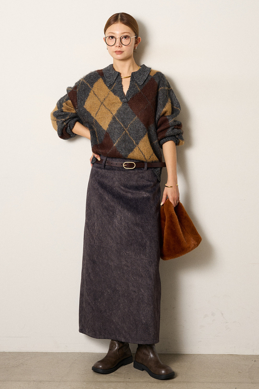 [SET]アクリルモヘアアーガイルキーネックプルオーバー+ロープベルト付きスウェード調スカート(2set)