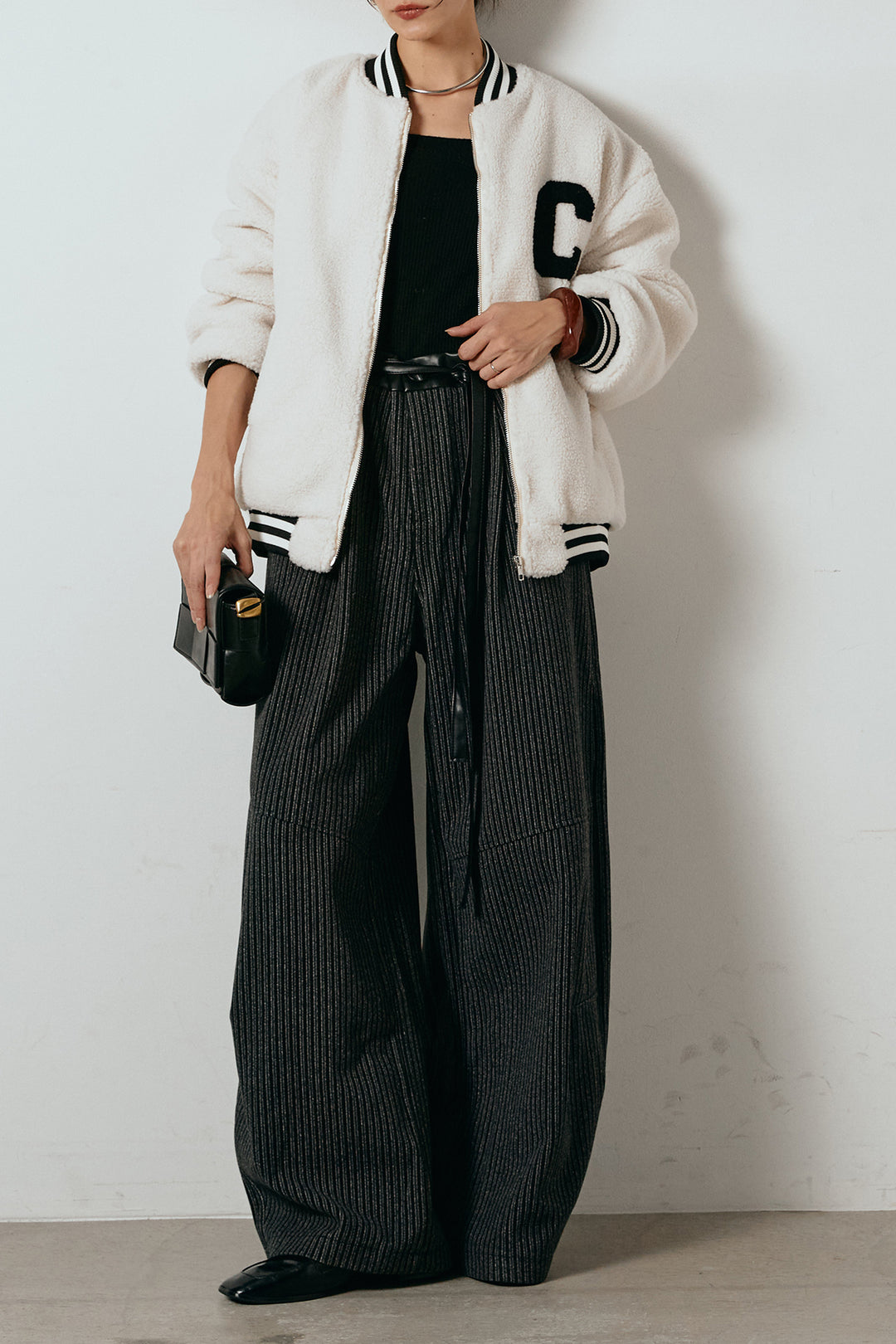 [SET]ロゴスタジャンボアブルゾン+レザーライク配色ストライプパンツ(2set)