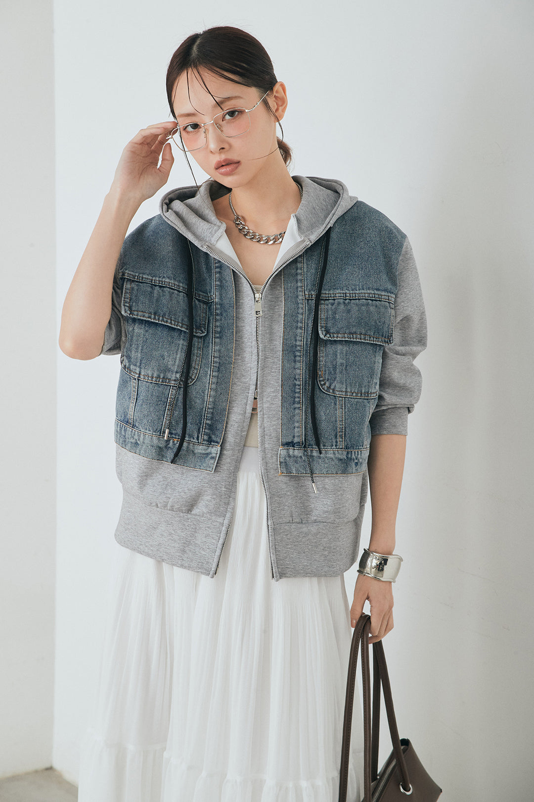 [SET]デニム切替ポンチダブルジップパーカー+ボリュームシルエットチュールスカート(2set)