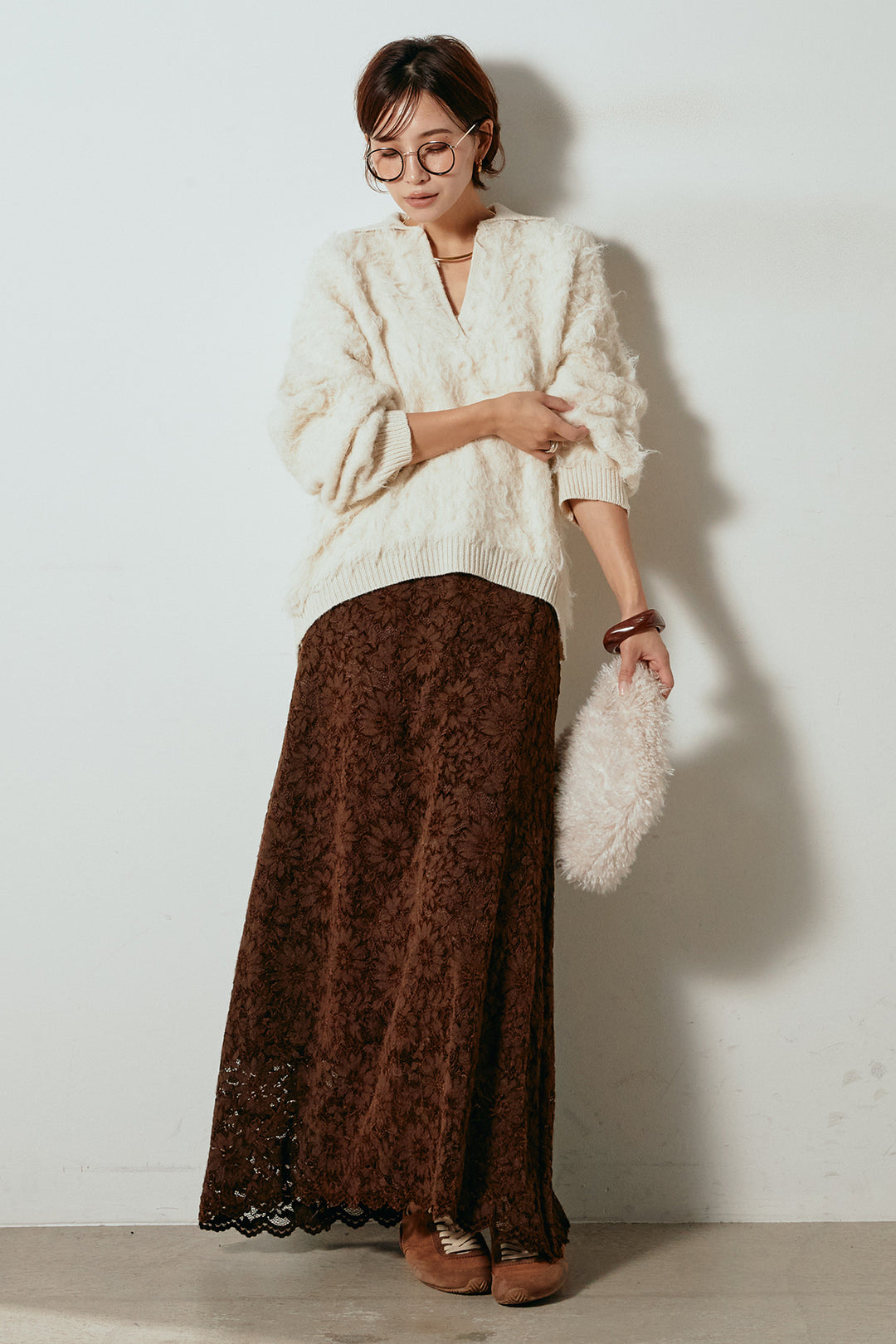 [SET]襟付きシャギーニットポロトップス+花柄刺繍ベロアフレアスカート(2set)